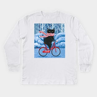 Black Cat Winter Bicycle Ride Kids Long Sleeve T-Shirt